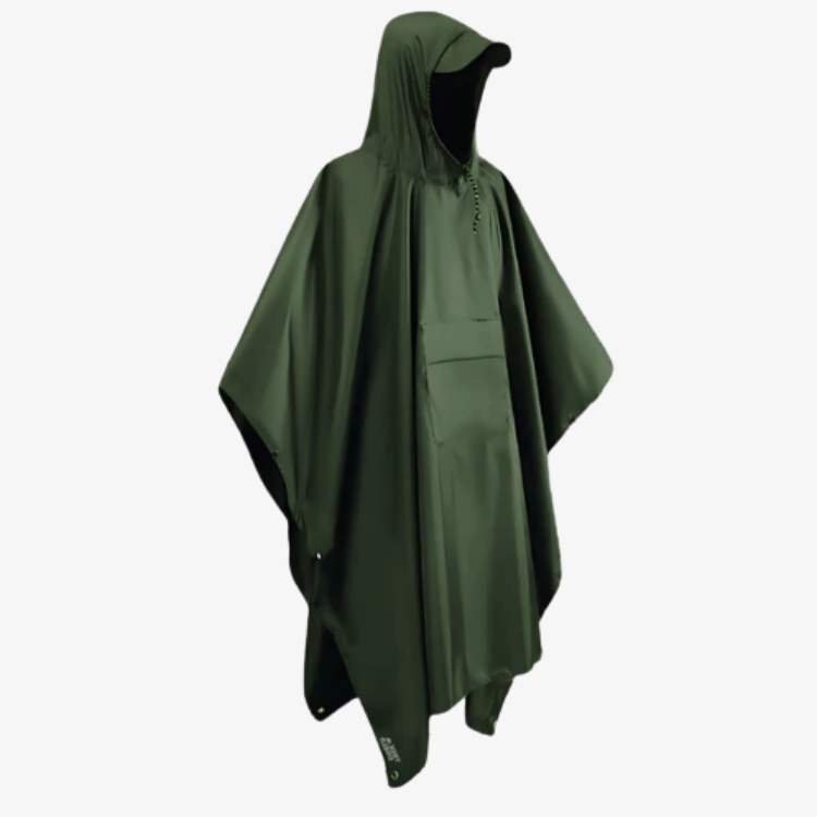 Poncho in motion, capturing its lightweight and flexible nature for active outdoor activities.