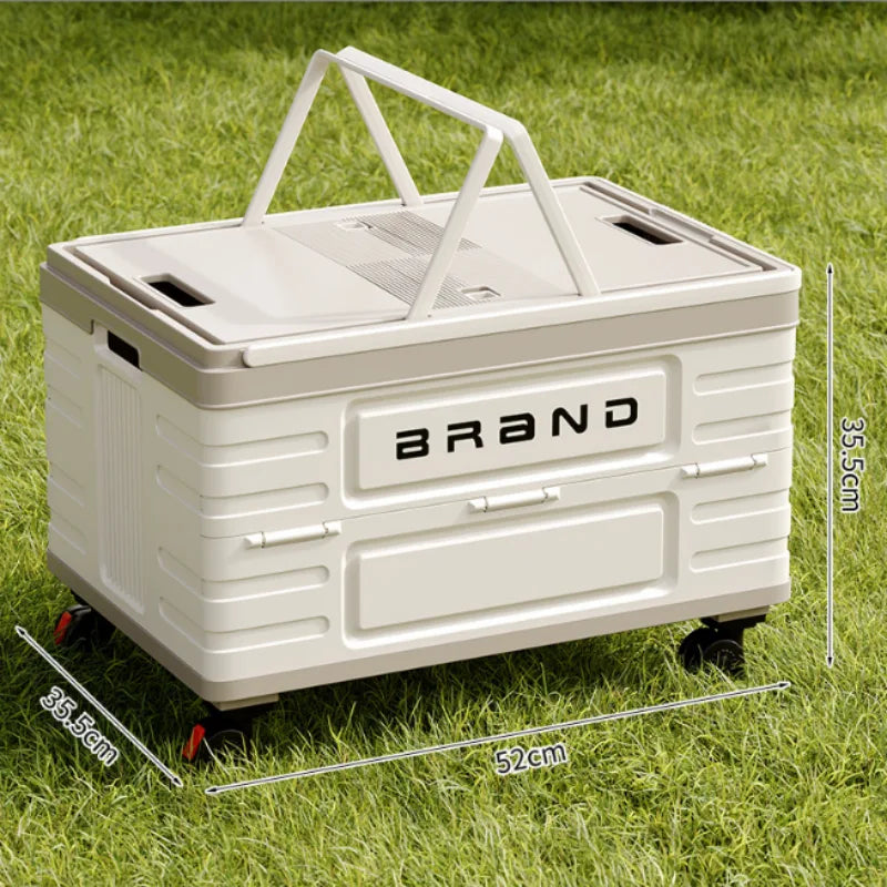 Heavy-duty wheeled collapsible storage box with snap-on lid, ideal for outdoor storage