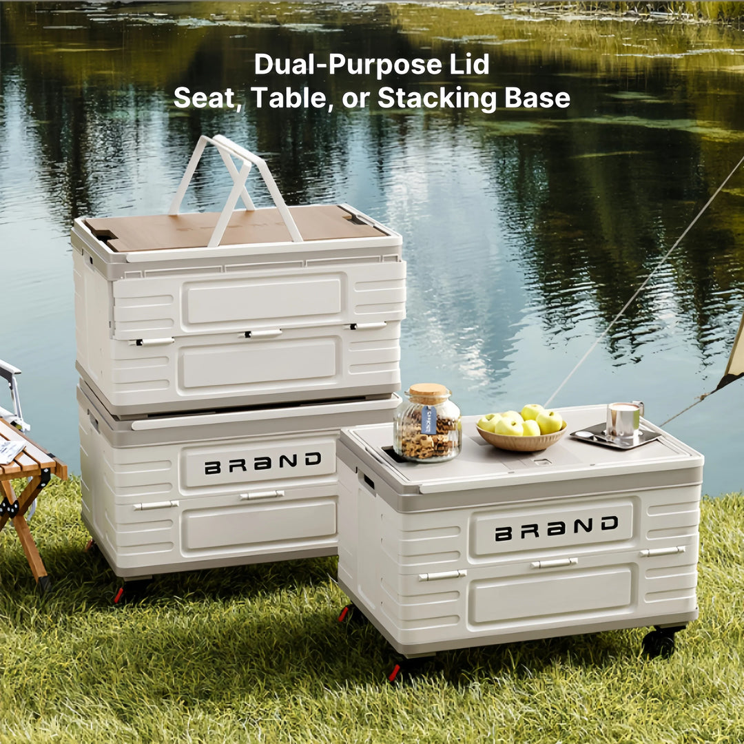 Space-saving collapsible utility crate with wheels & lid, great for camping & tailgating
