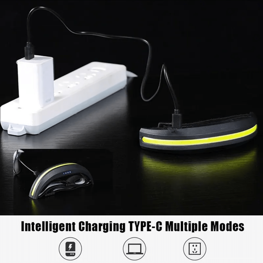 Detail of unisex headlamp's adjustable strap and USB charging port, durable outdoor gear