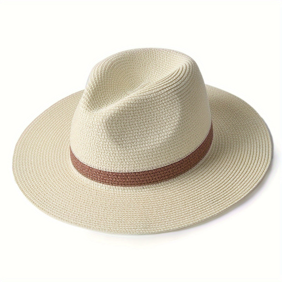 Fashionable wide brim beach hat, a travel essential for ultimate UV protection.