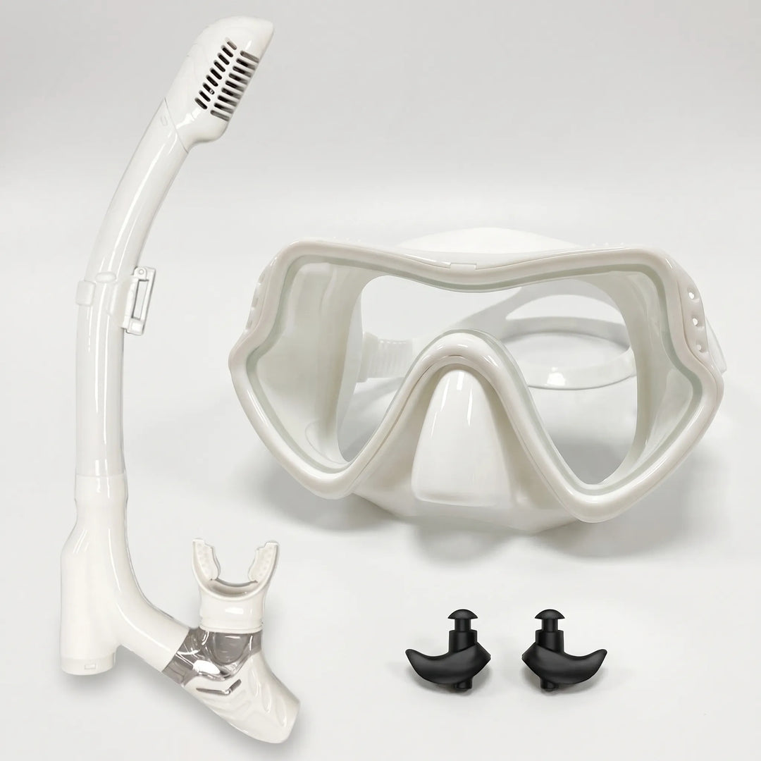 Comfortable, soft silicone skirt on a wide view snorkeling mask for leak-free swimming and diving.