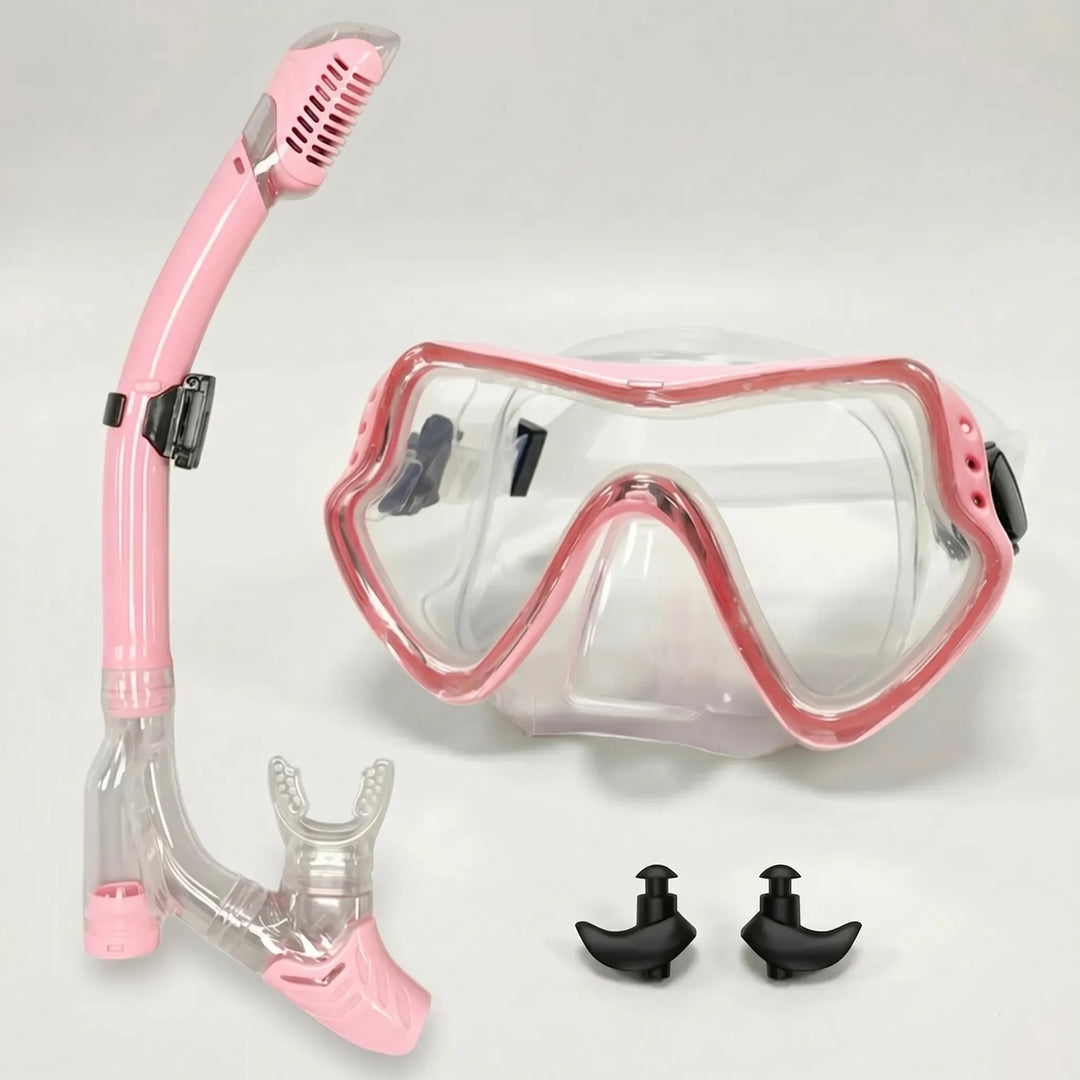 New wide view snorkeling mask, ready for water sports; features clear vision tempered glass & comfy silicone.