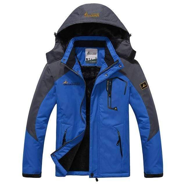 Detail of the zipper and pockets on a unisex windproof winter parka jacket, suitable for cold weather.