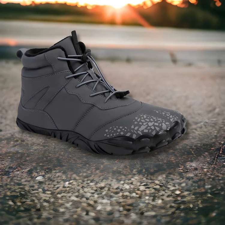 Side view of warm, flexible unisex winter barefoot shoes, ideal for minimalist outdoor activities