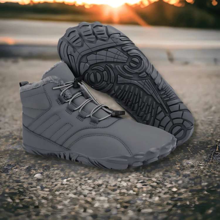 Unisex winter barefoot shoes, waterproof and non-slip, in black, showing flexible sole and wide toe box