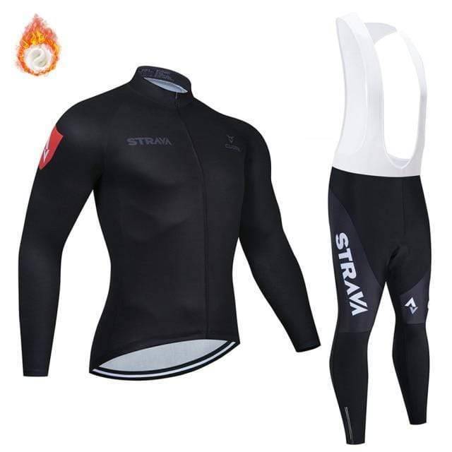 Performance unisex cycling kit with long-sleeve jersey and padded shorts for cold weather comfort and athletic wear.
