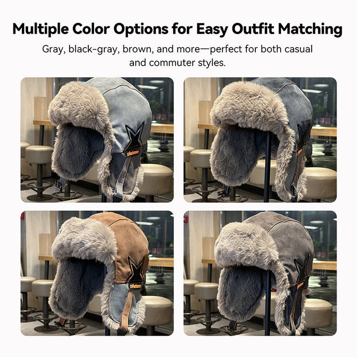 Folded trapper hat, compact and ready for travel in cold climates, with ear flaps