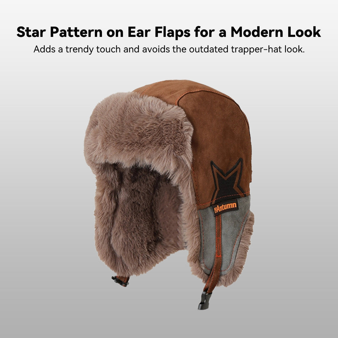 Detail of the faux fur trim on a unisex winter trapper hat, soft and insulating