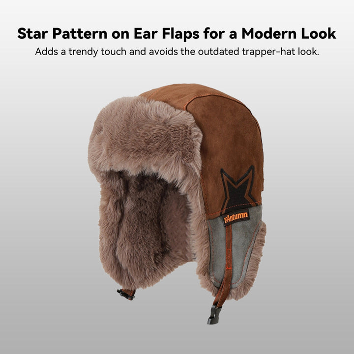 Detail of the faux fur trim on a unisex winter trapper hat, soft and insulating