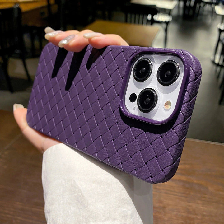 Unisex woven texture iPhone case. Slim, shockproof TPU supports wireless charging & provides anti-slip protection.