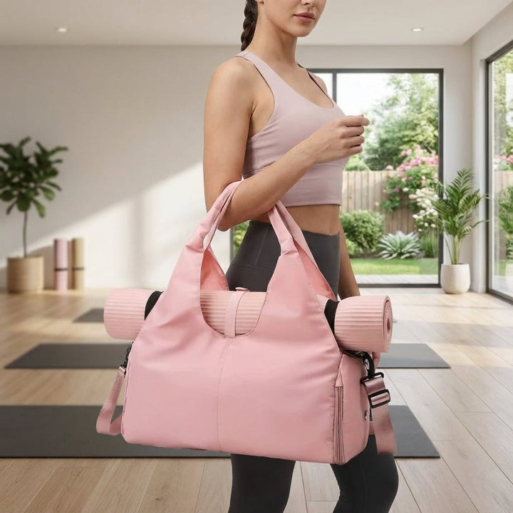 Unisex yoga duffel bag with mat holder, wet pocket, and shoe compartment, perfect for gym.