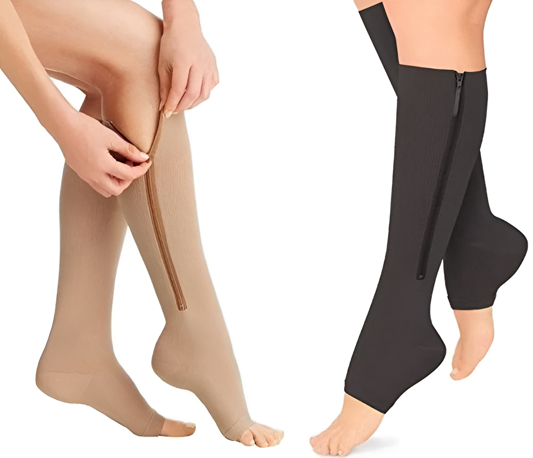Zippered compression socks for easy application & removal. 20-30 mmHg leg support, excellent for circulation.