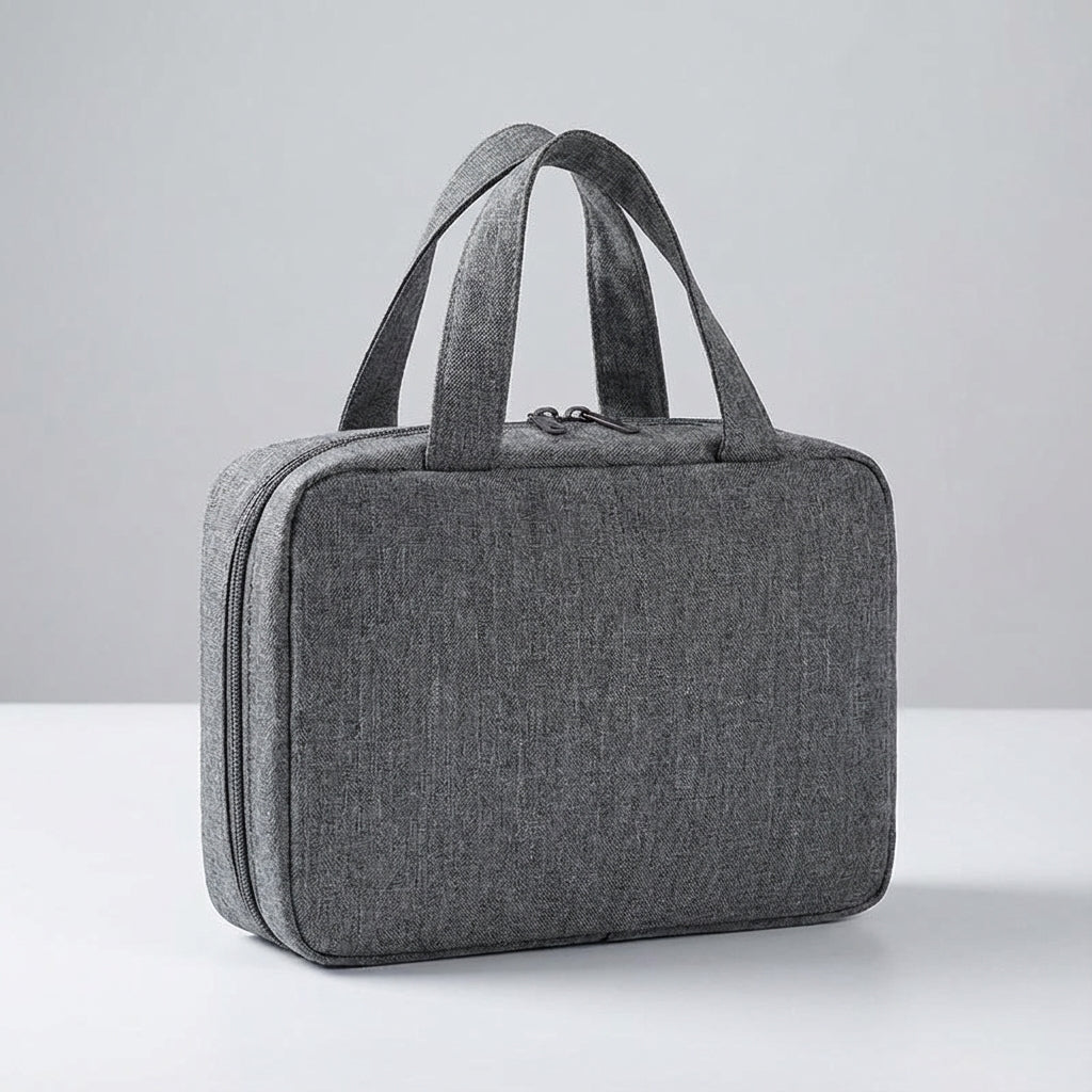 Hanging travel toiletry bag with multiple compartments. Organize cosmetics & bathroom essentials easily.