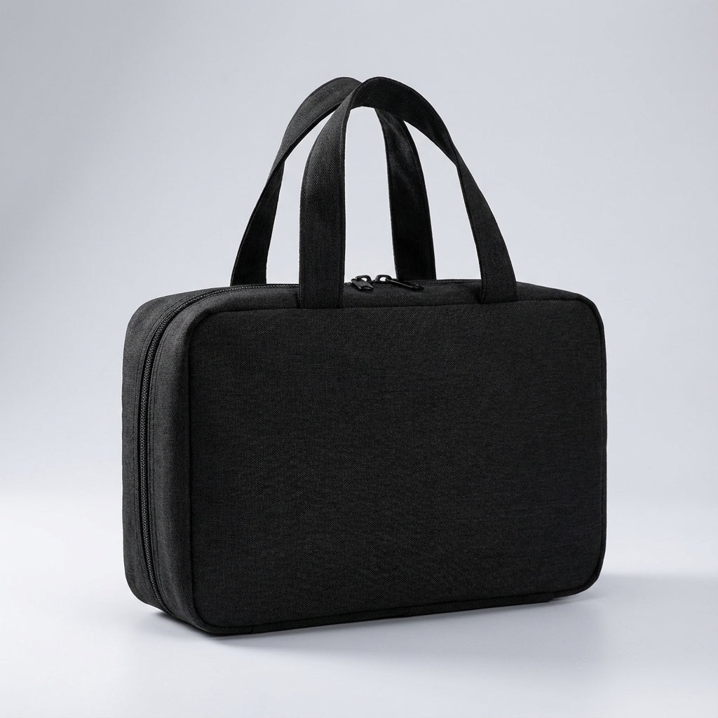 Water-resistant zippered travel toiletry bag. Ideal for bathroom essentials, cosmetics & travel organization.