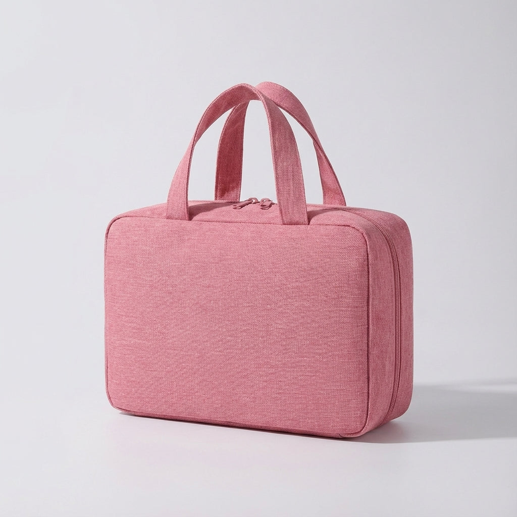 Zippered foldable travel toiletry bag with mesh pockets & hook. Convenient hanging organizer for trips.