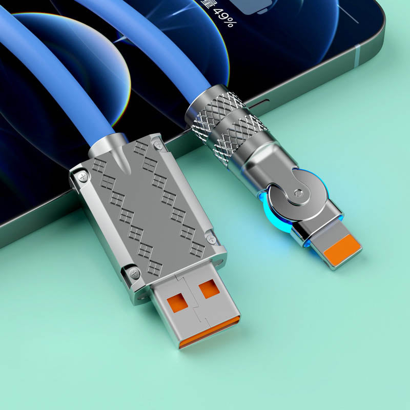 Anti-break universal fast charging cable with 180° rotating connector, 120W power delivery.