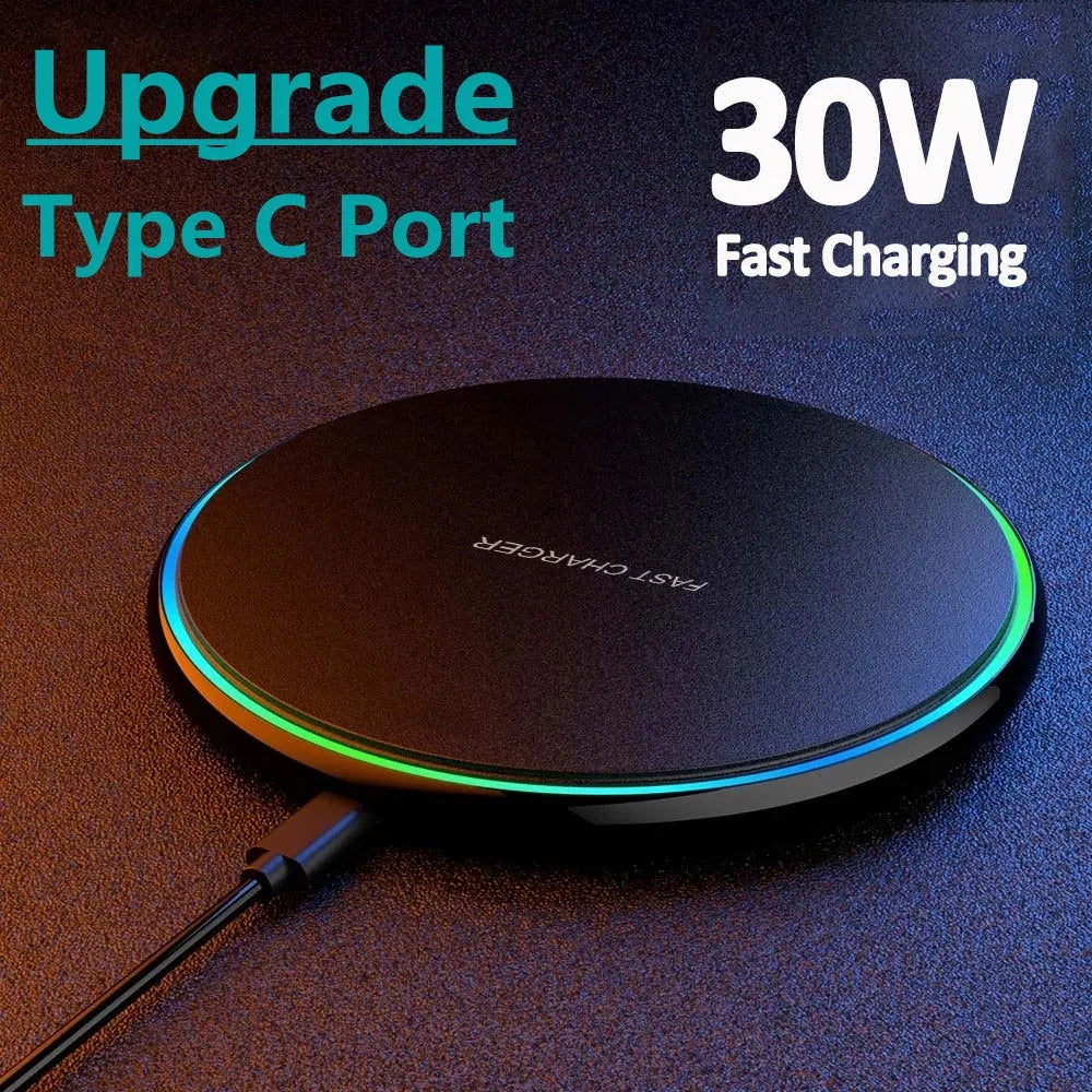 Induction technology 30W fast wireless charger pad for effortless smartphone charging.