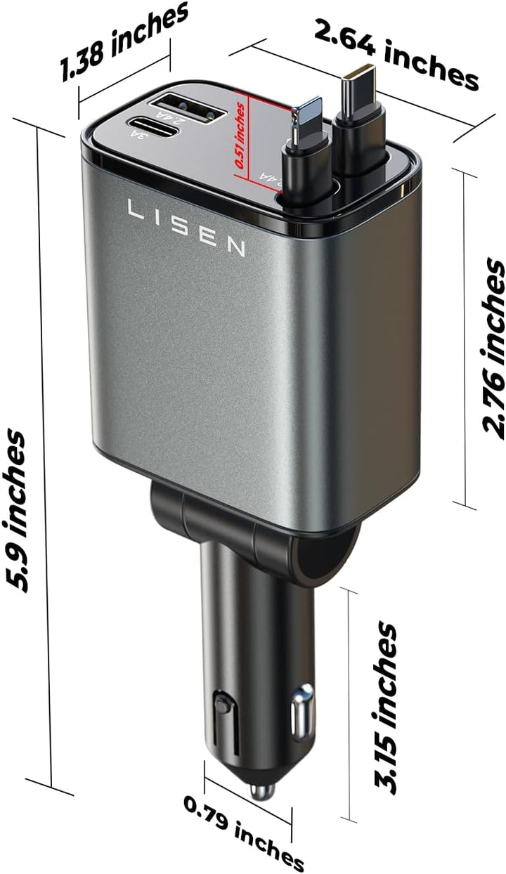 Smart retractable USB-C car charger offers universal compatibility & speedy mobile power.