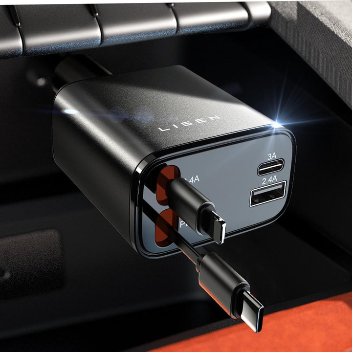 Modern vehicle power accessory: universal fast charging car charger with convenient retractable USB-C.