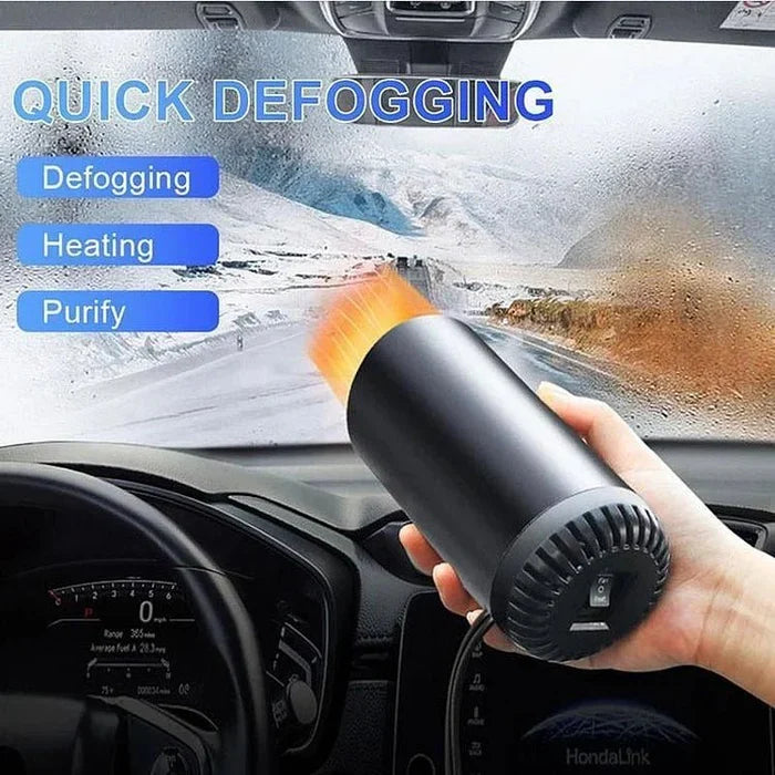 Fast heating & cooling 12V car warmer and defroster. Compact cup shape, 360° adjustable for clear windshields.