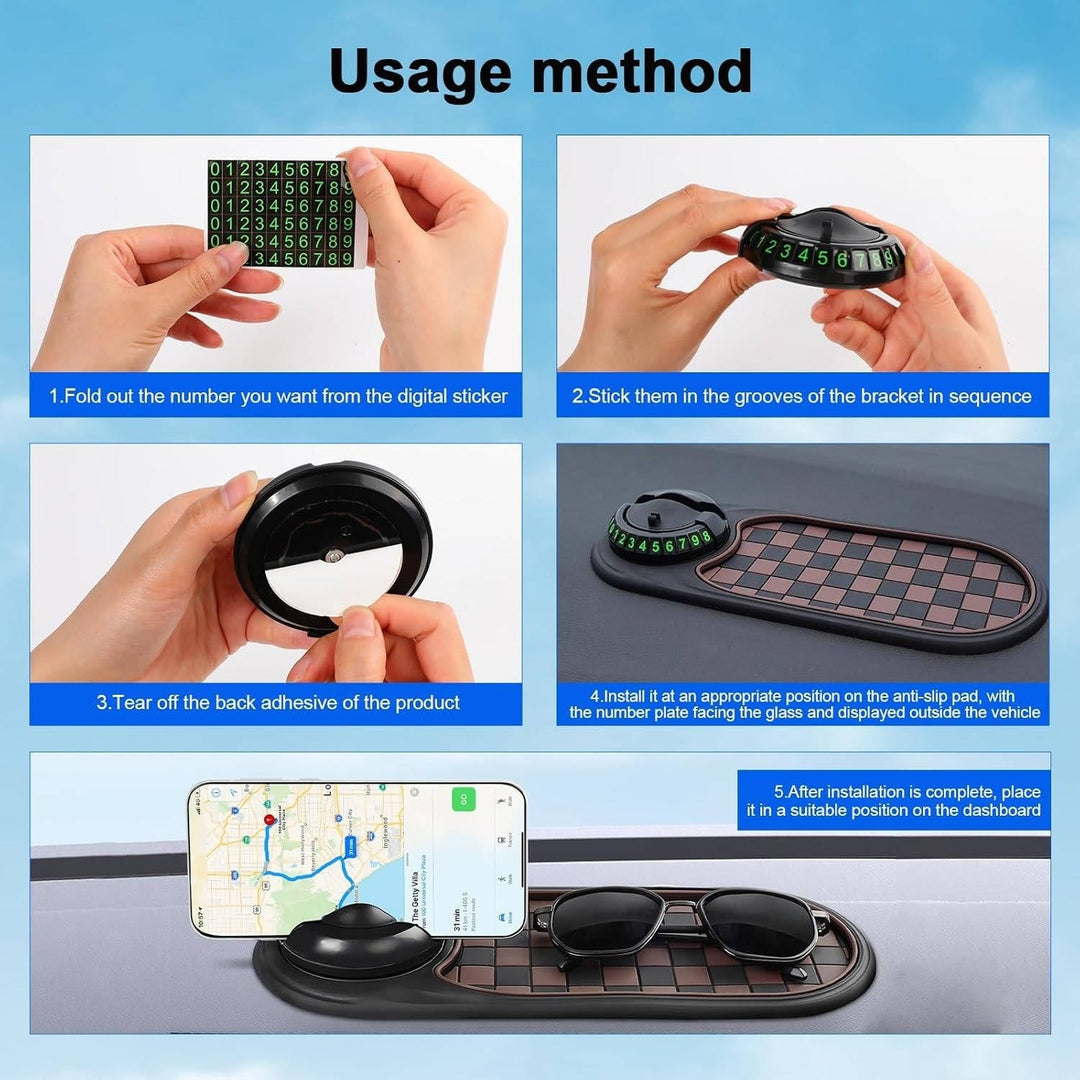 Anti-slip dashboard mount for universal car phone holder, provides multi-storage and easy access.