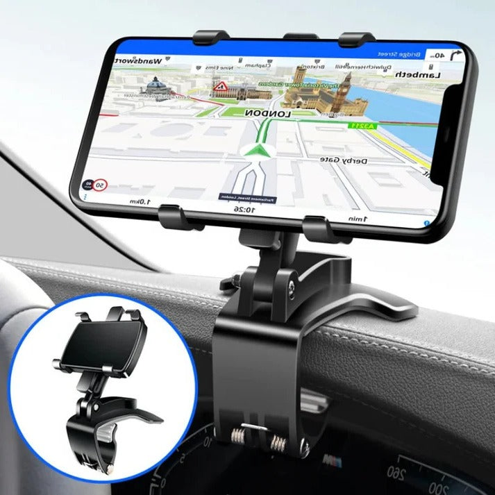 Universal car phone holder securely mounted on a dashboard, hands-free for safe driving & navigation.