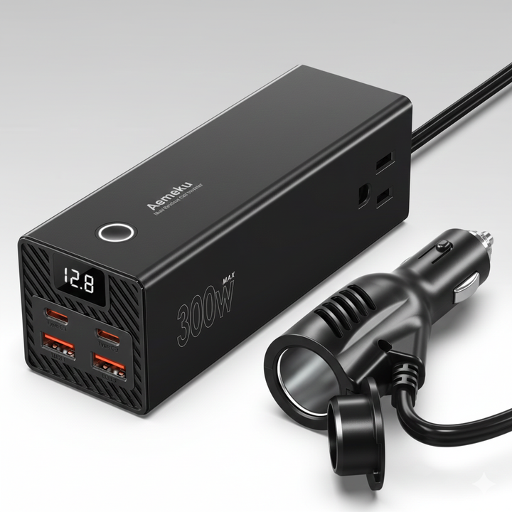 Universal car power inverter with dual fast-charging USB ports for travel & camping.