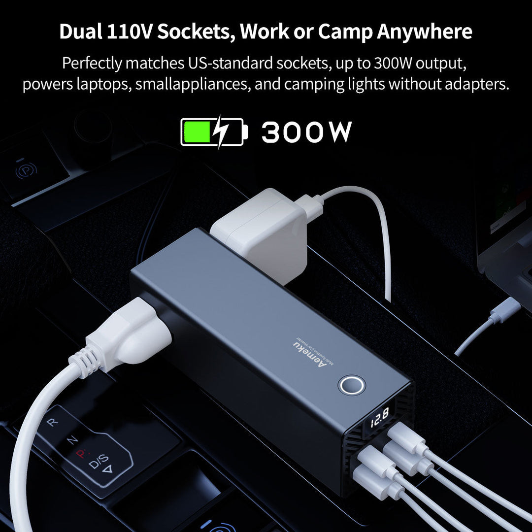 Portable auto power inverter & dual USB fast charger for phones and laptops in your car.
