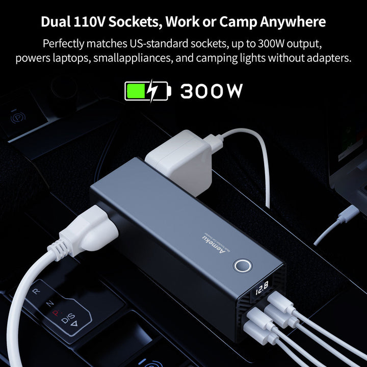 Portable auto power inverter & dual USB fast charger for phones and laptops in your car.