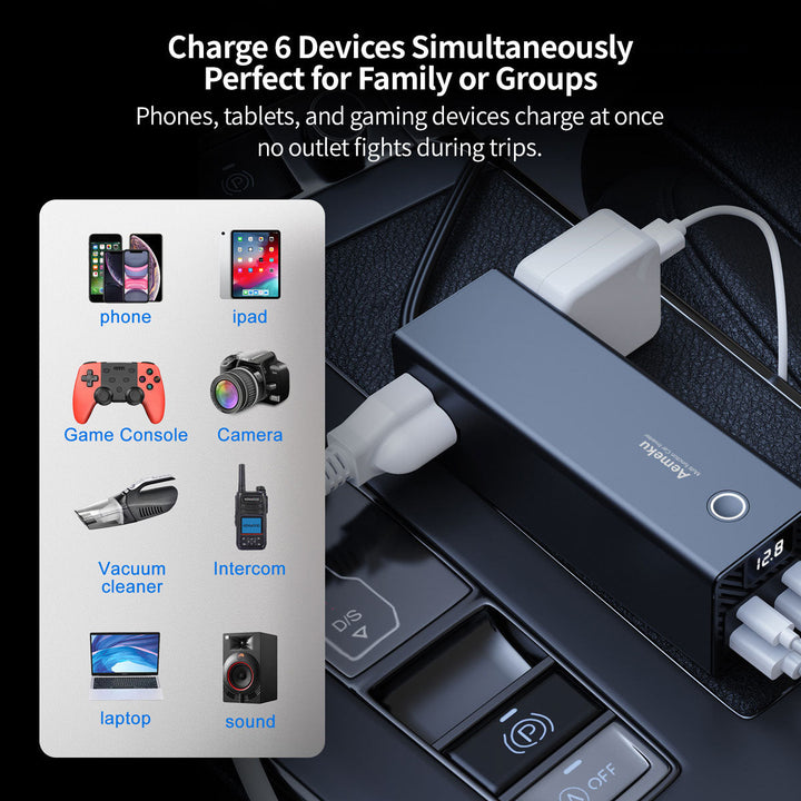 Car power inverter with two USB ports for fast charging devices, an essential auto accessory.