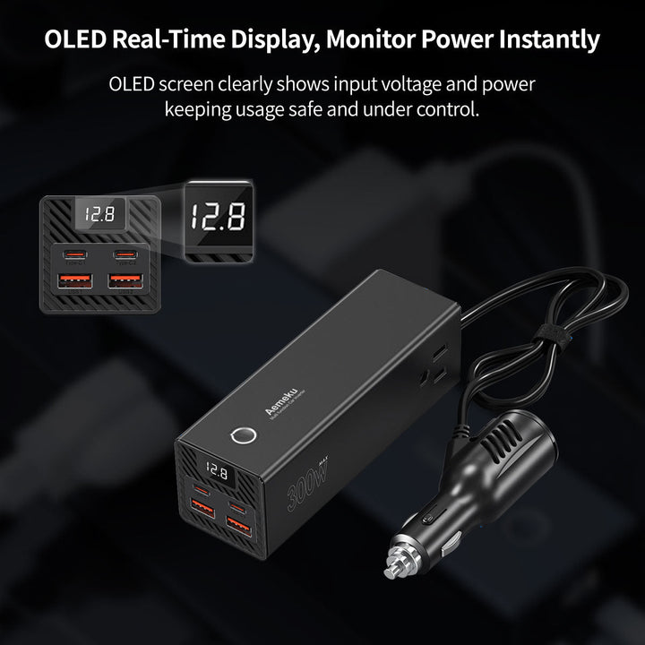Front view of car power inverter showing dual USB fast charging ports and AC outlet.