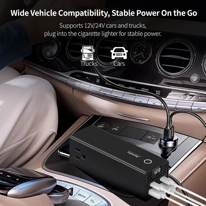 Close-up of universal car power inverter's USB-C and USB-A fast charging capabilities.