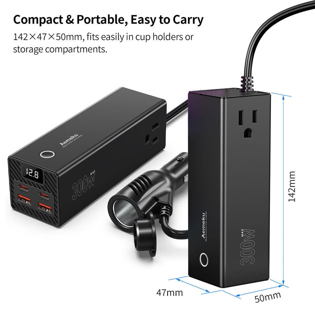 Hand holding a universal car power inverter, highlighting its portable design and charging ports.