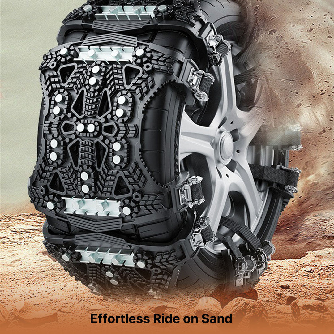 Diagram showing how universal snow chains provide superior grip on slippery winter surfaces.