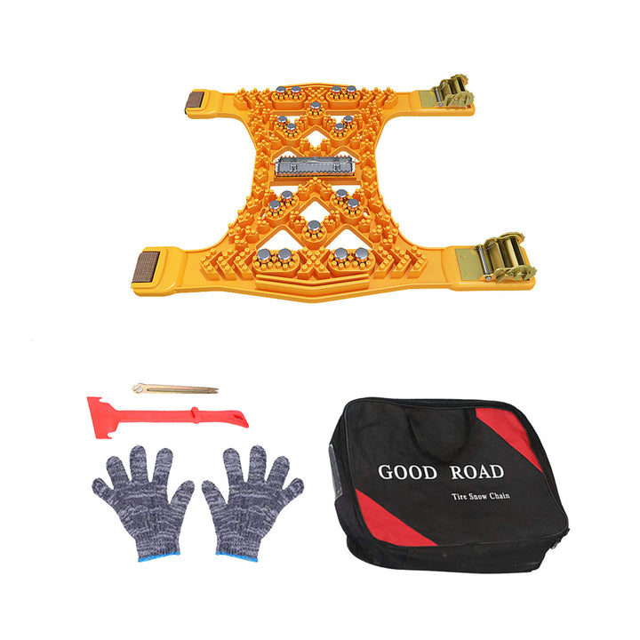 Universal car snow chains laid out, showcasing their adjustable fit for various tire sizes.