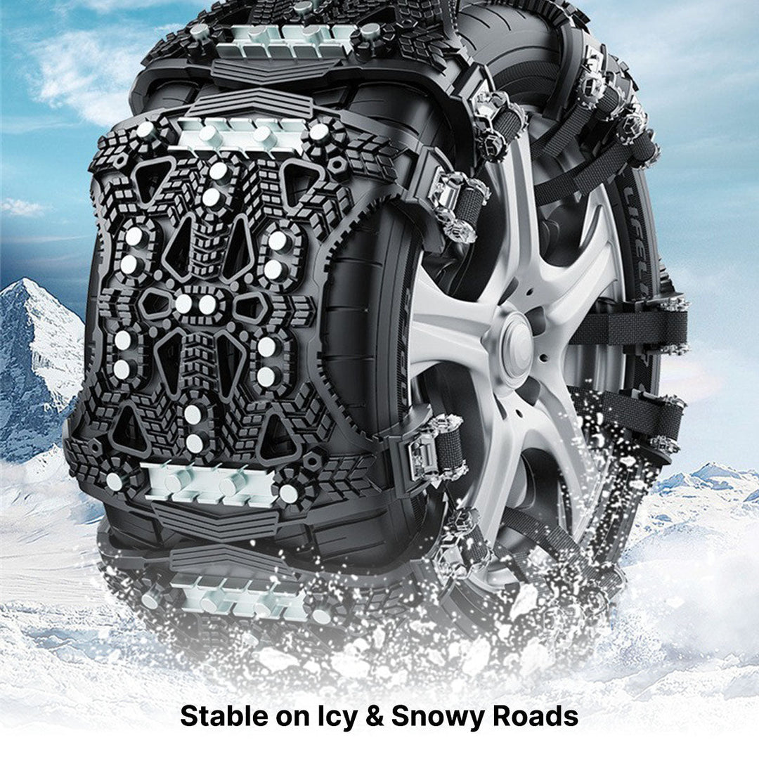 Set of two universal car snow chains in a durable storage bag for winter road trips.