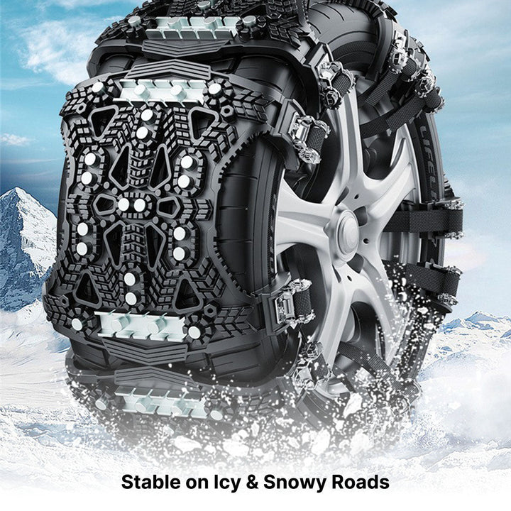 Set of two universal car snow chains in a durable storage bag for winter road trips.