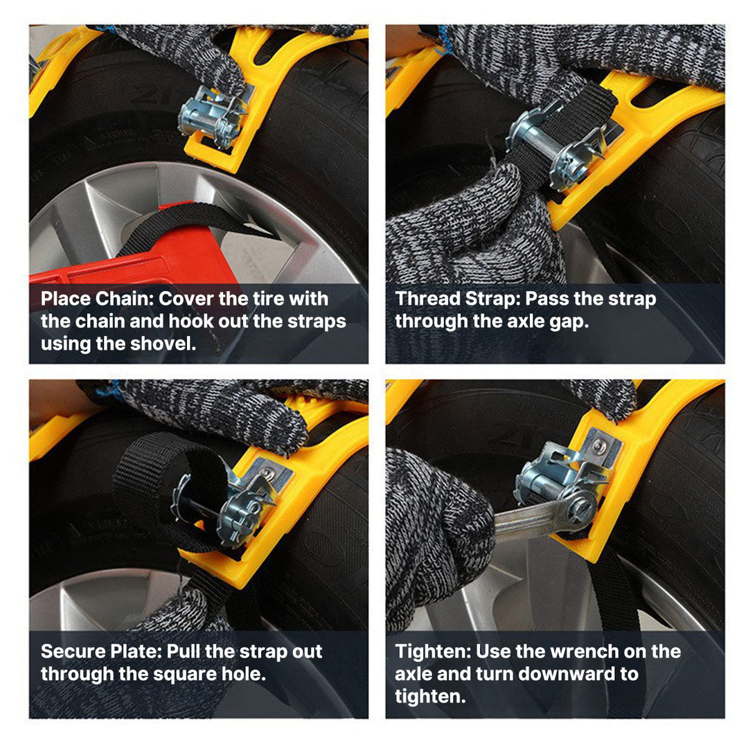 Detail photo of universal snow chains' anti-skid design, ensuring vehicle grip.
