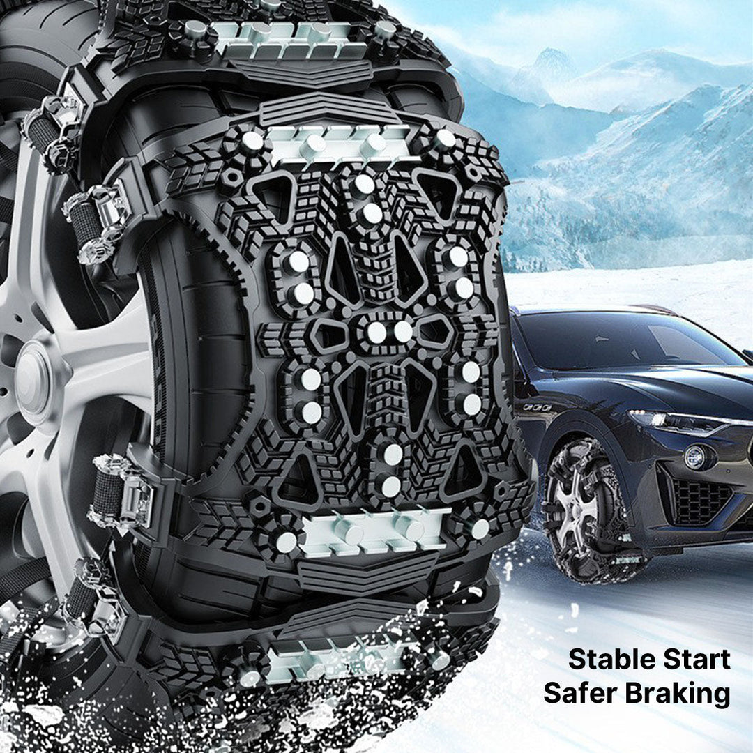 Universal car snow chains neatly packaged, part of an essential winter emergency kit.