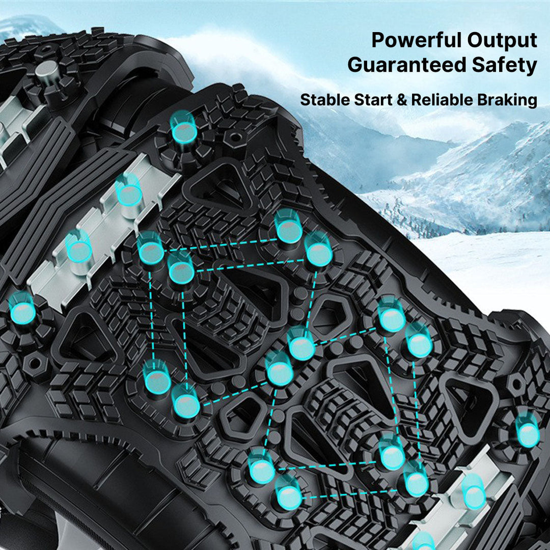Universal snow chains on a snowy road, demonstrating their effectiveness for road safety.