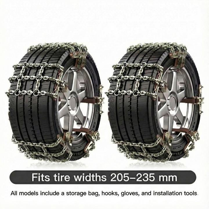 Universal snow chains providing strong road grip for various vehicles