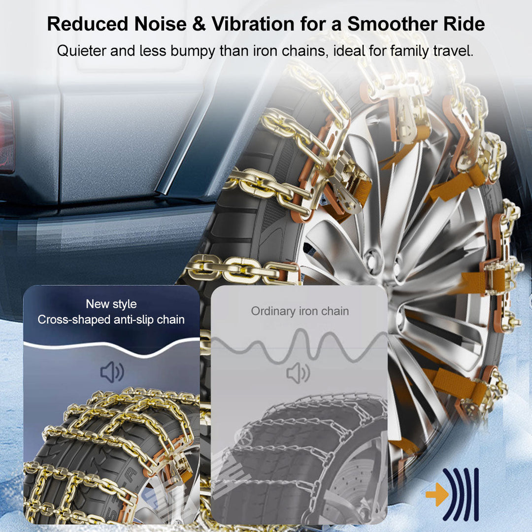 Detail of snow chain links showing anti-skid design and strength