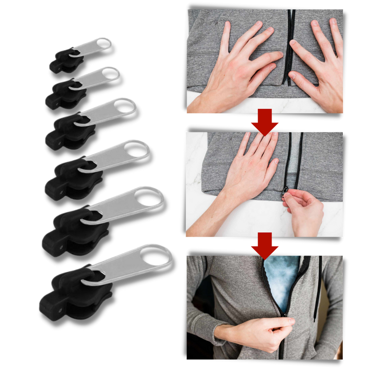 Emergency clip-on zipper slider replacement for broken zippers. Portable travel accessory for quick, universal repairs.