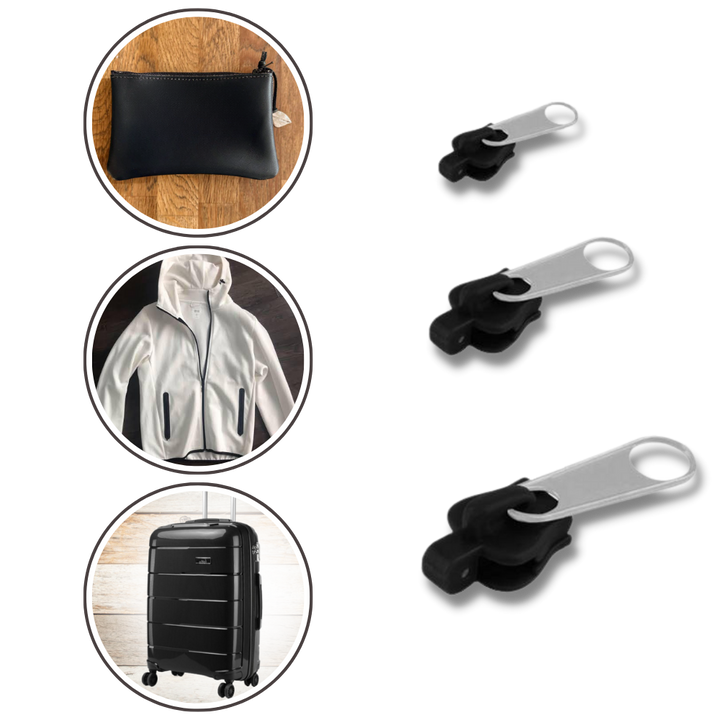 Instant zipper repair kit with universal clip-on slider. Durable solution for quick fixes on coats, bags & tents.