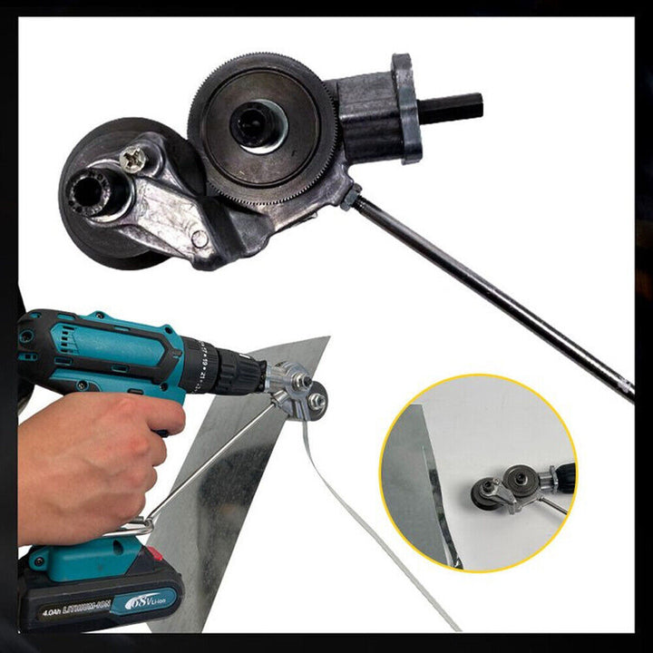 Durable universal drill attachment for cutting corrugated, flat, and round sheet metal. A must-have power tool.