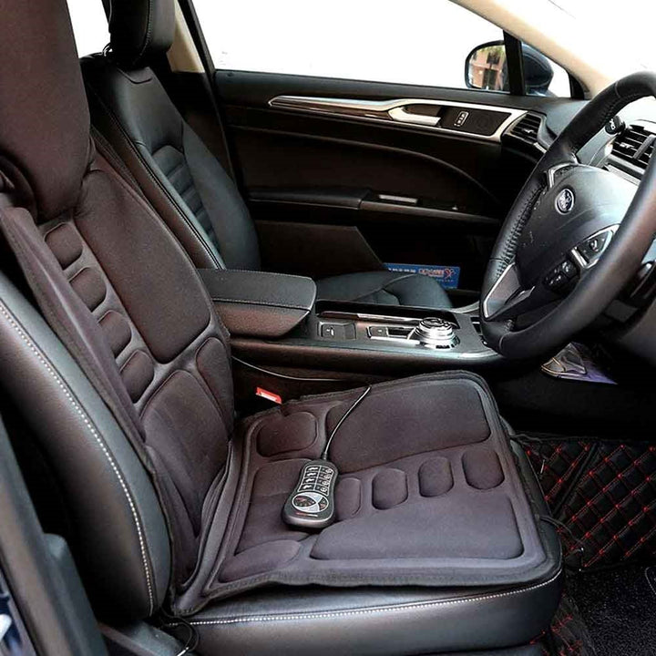 Portable heated massage seat cushion for universal use, providing shiatsu and vibration for muscle relaxation.