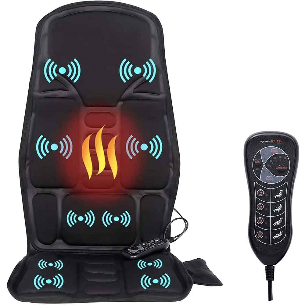 Adjustable heated vibrating back massager for chairs, helping to relieve muscle tension after long workdays.