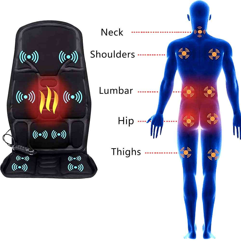 Comfortable universal heated car seat massager, providing soothing heat and vibration for relaxing travel.