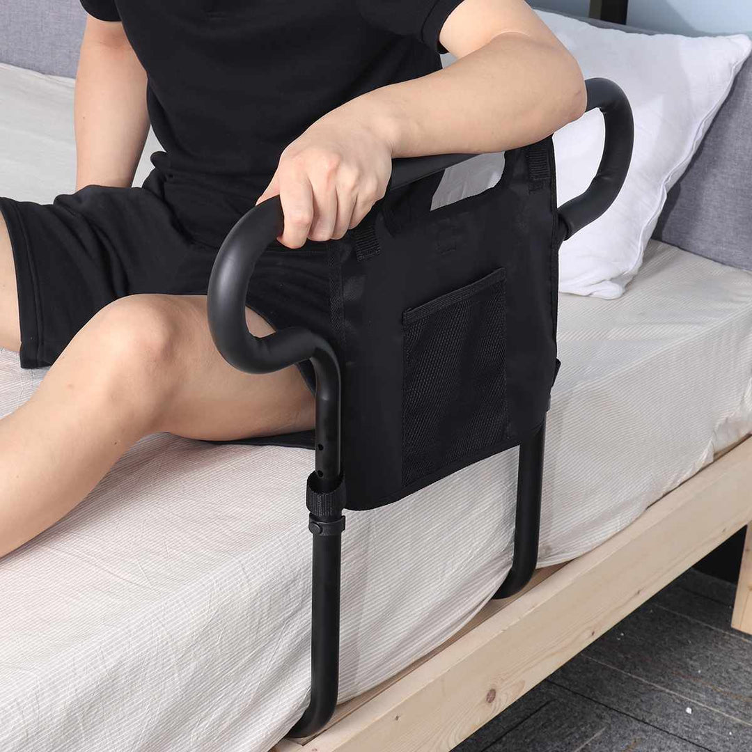 Universal senior bed rail for elderly assistance & fall prevention. Sturdy bedside support handle.
